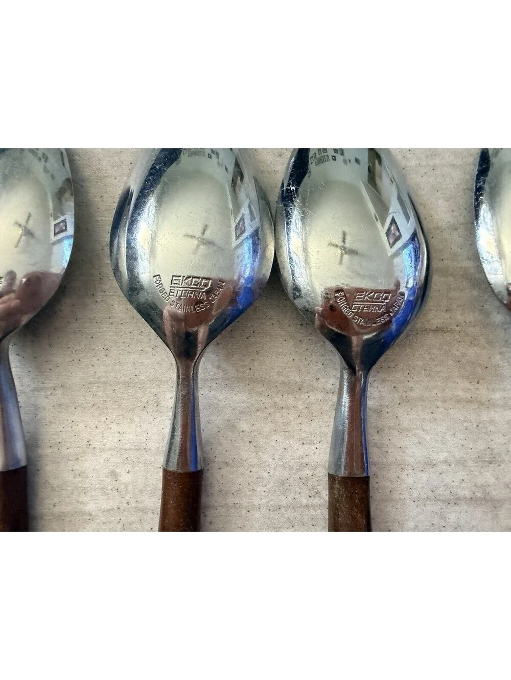 6 Spoons Ekco Eterna Stainless Silverware Brown Handle Composite Flatware MCM